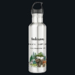 Bear wolf wald tiere Familienname Edelstahlflasche<br><div class="desc">Ein Wald,  Waldlandschaft mit einem Wolfsbär und Hirsch. Personalisieren und hinzufügen eines Namens,  Ereignisses und Ortes.</div>