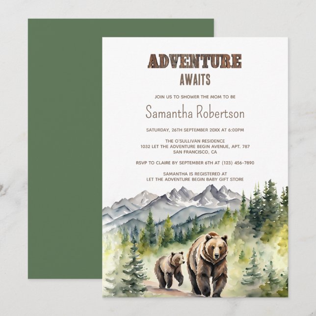 Bear Woodland Forest Adventure erwartet Baby Showe Einladung (Vorne/Hinten)