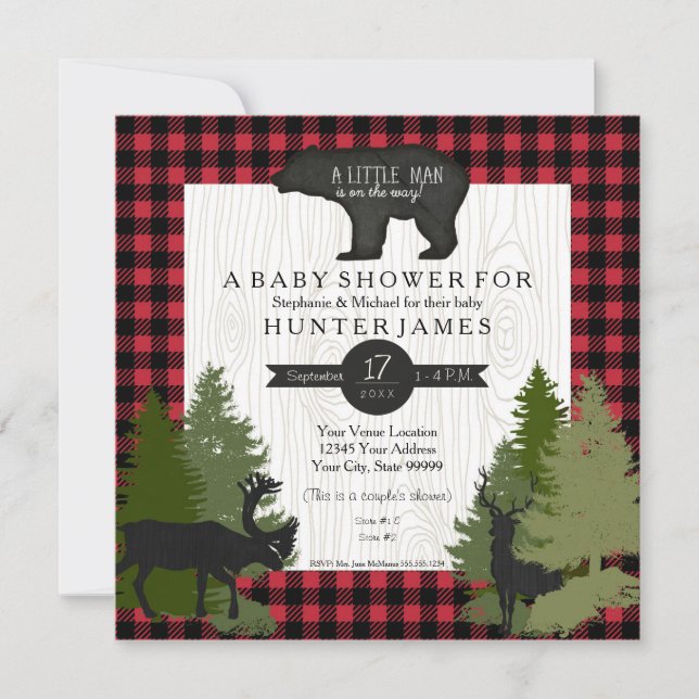 Bear Woodland Forest Lumberjack Kariert Babydusche Einladung (Vorderseite)