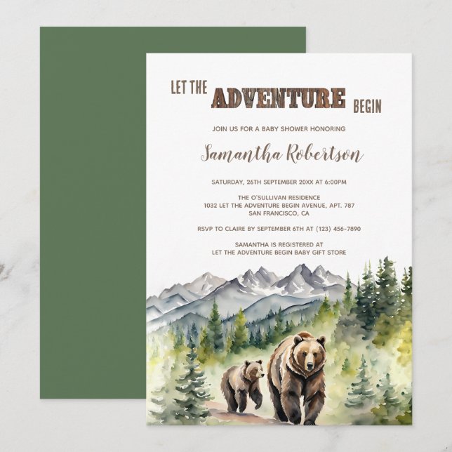 Bear Woodland Ließ die Adventure Begin Baby Dusche Einladung (Vorne/Hinten)