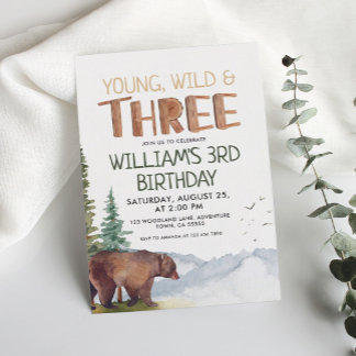 Bear-Young Wild und Three Boys 3. Geburtstag Einladung
