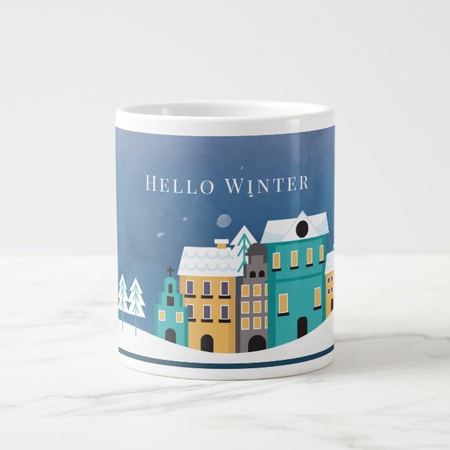 Bearbeitbar "Hello Winter" Nachtdorfszene Jumbo-Tasse (Vorderseite)