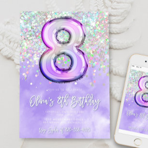 Bearbeitbar Lila 8. Geburtstag Einladung Glitzer 8