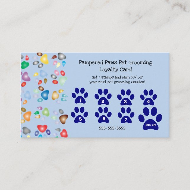 Bearbeitbar Pampered Paws Dog Groomer Loyalty Visitenkarte (Vorderseite)