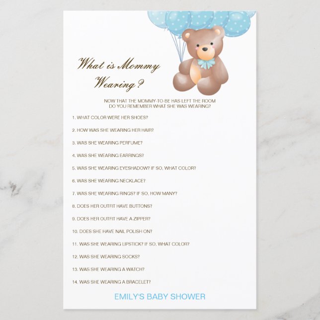 Bearbeitbar Was Mommy mit Baby Shower Game trägt (Vorderseite)
