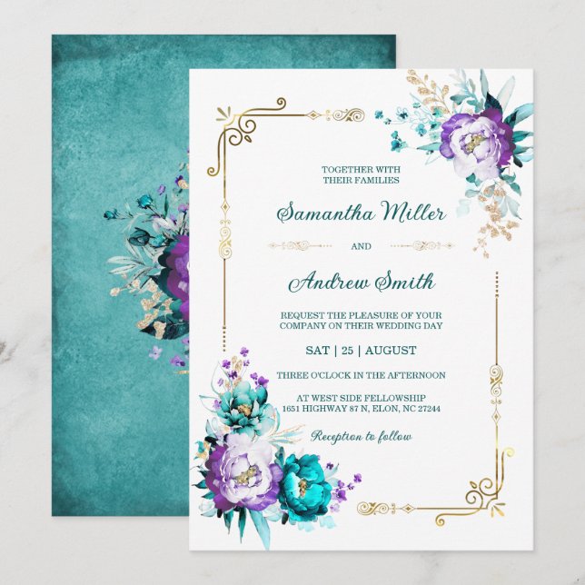 Bearbeitbare Aquamarine und Lila Goldhochzeit Einladung (Vorne/Hinten)