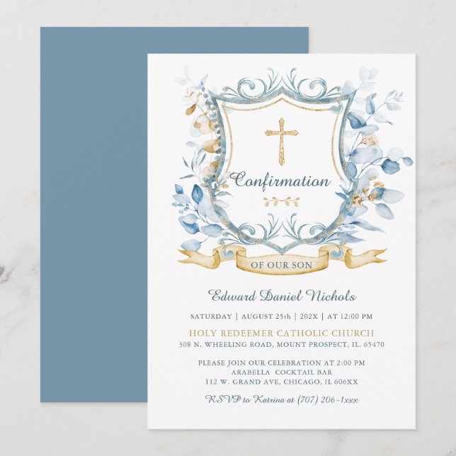 Bearbeitbare Bestätigung Blue und Gold Monogram Einladung (Vorne/Hinten)