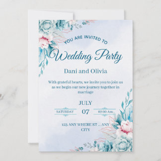 Bearbeitbare blaue florale Hochzeitseinladungskart Einladung