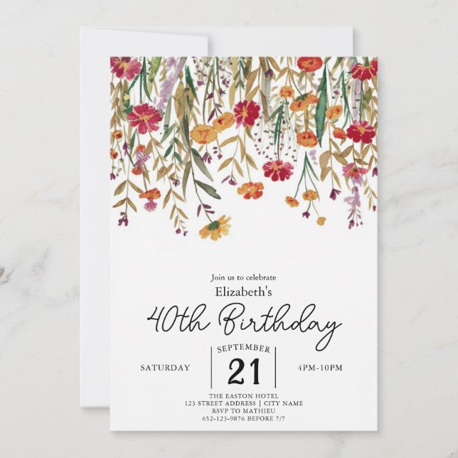 Bearbeitbare botanische Wildblumen 40. Geburtstag Einladung (Vorderseite)