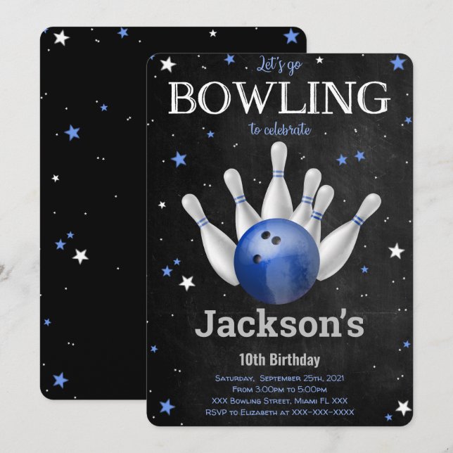 Bearbeitbare Bowling-Einladung für Jungen Einladung (Vorne/Hinten)
