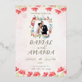 Bearbeitbare Florale Hochzeitseinladung mit Foto Folieneinladung