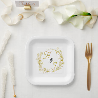 Bearbeitbare goldene florale Hochzeit Pappteller