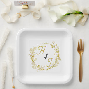 Bearbeitbare goldene florale Hochzeit Pappteller