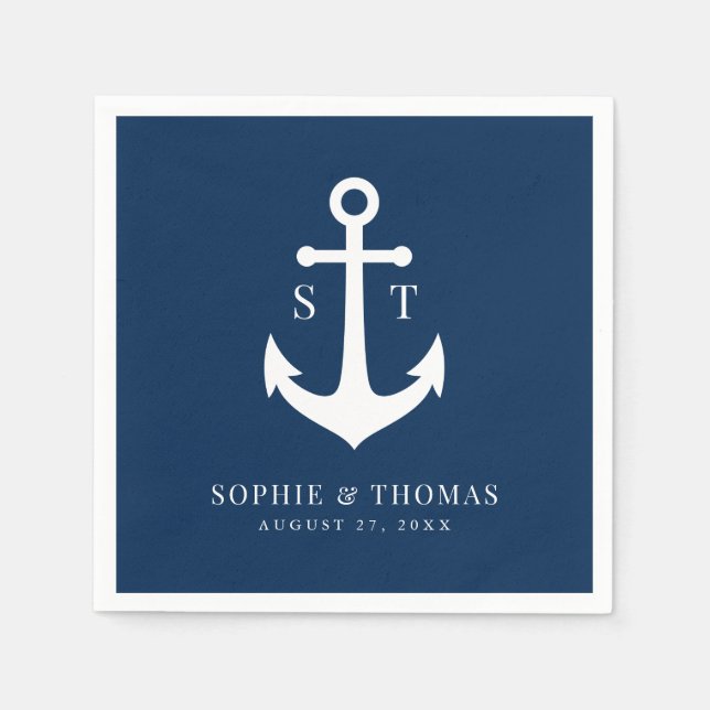 Bearbeitbare Hintergrundfarbe Monogram Ankerhochze Serviette (Vorderseite)