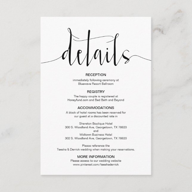 Bearbeitbare Hochzeitdetails, Schwarz-Modernes Skr Begleitkarte (Vorderseite)