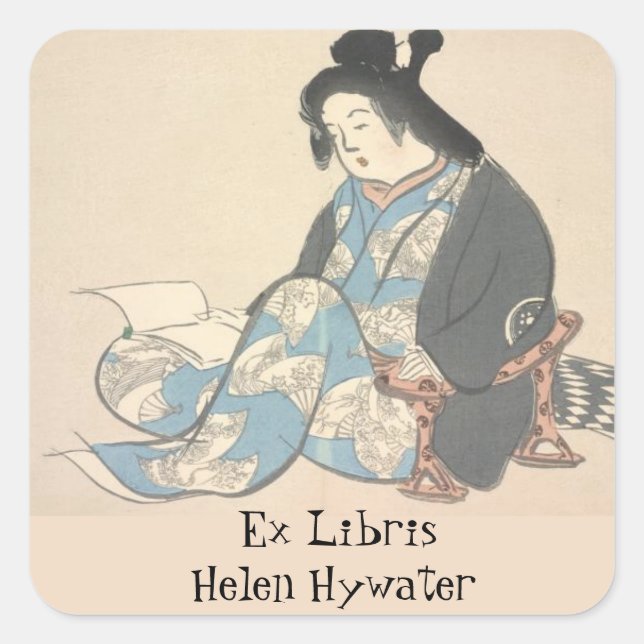 Bearbeitbare japanische Lady Lesen eines Buchzeich Quadratischer Aufkleber (Vorderseite)