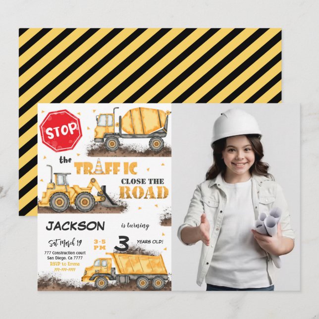 Bearbeitbare Konstruktion Geburtstagsfeier Foto Ei Einladung (Vorne/Hinten)