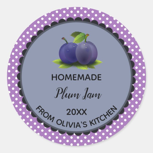Bearbeitbare Lila Polka Dot Plum Jam Label Sticker (Vorderseite)