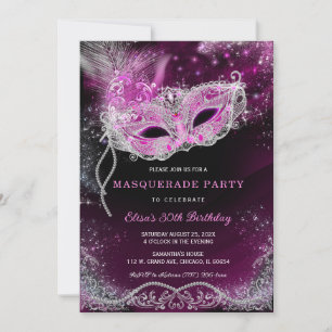 Bearbeitbare Masquerade Schwarz-Rosa-Party  Einladung