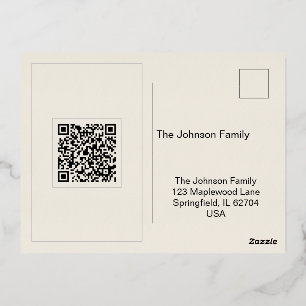Bearbeitbare minimale QR-Code-Postkarte mit golden Folie Einladungspostkarte