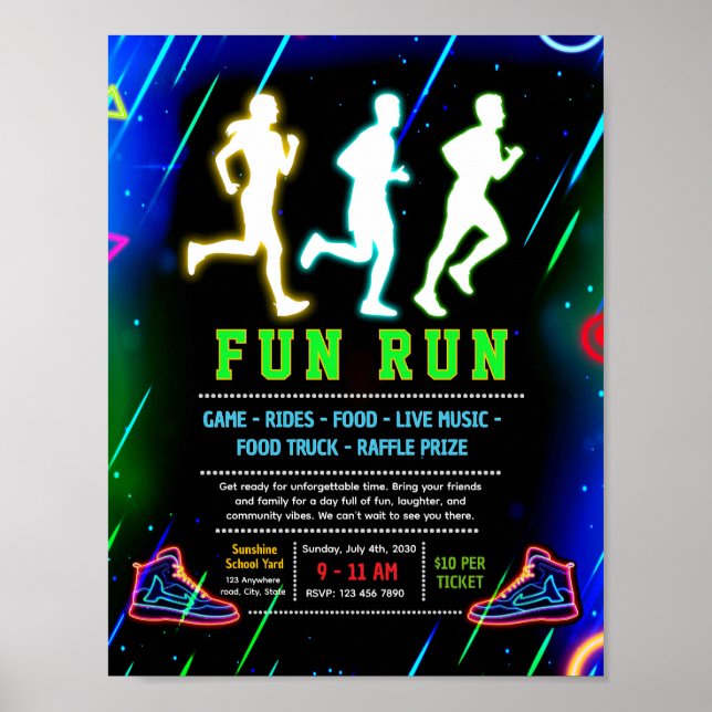 Bearbeitbare Neon-Glow-Fun-Run-Fundraiser-Flugblat Poster (Vorne)