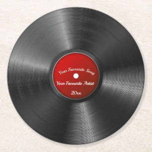 Bearbeitbare Retro Vinyl-Aufnahme mit rotem Zentru Runder Pappuntersetzer