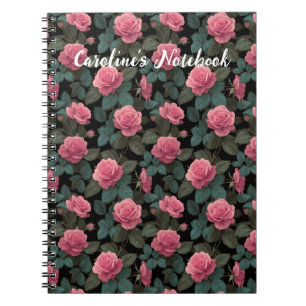 Bearbeitbare rosa Rosen auf schwarzem Blumenmuster Notizblock