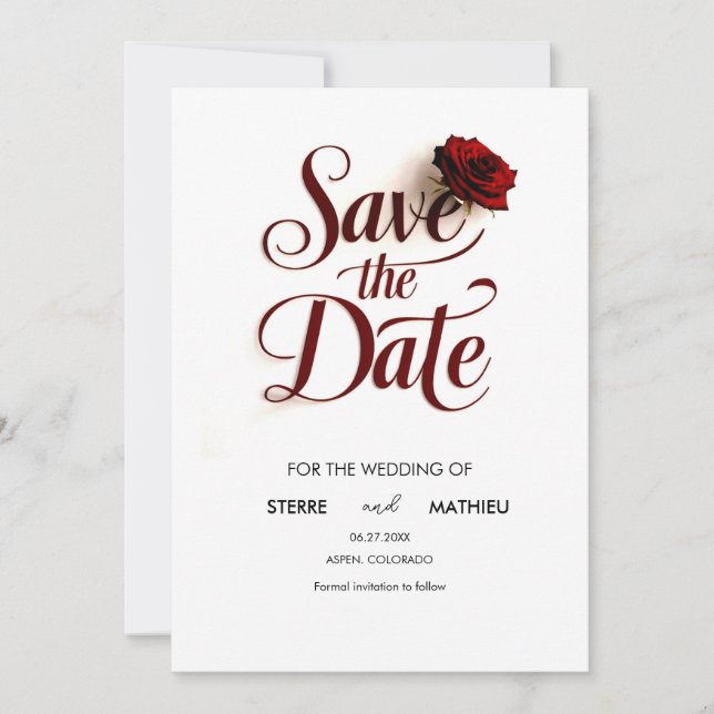 Bearbeitbare Rote Rose Hochzeit Save The Date (Vorderseite)
