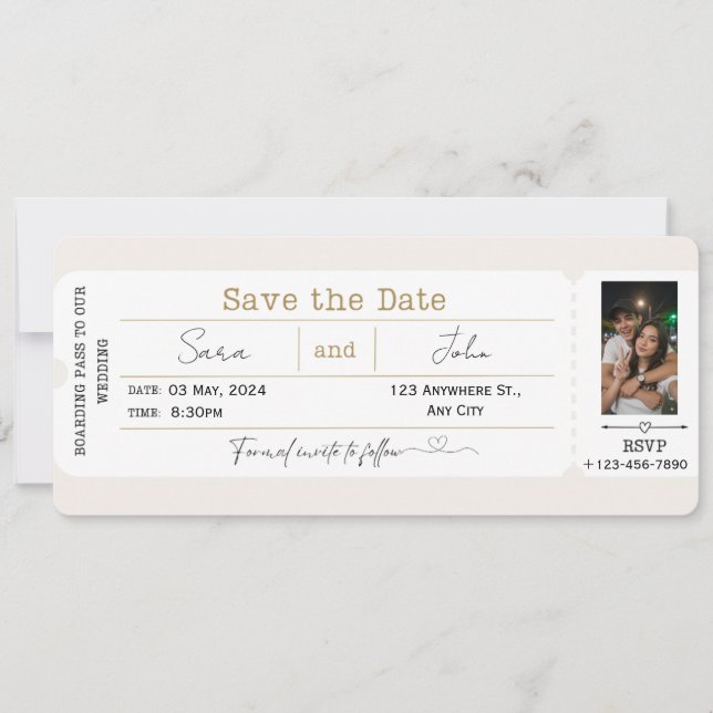Bearbeitbare Save-the-Date-Boardingpass-Hochzeitsf Einladung (Vorderseite)