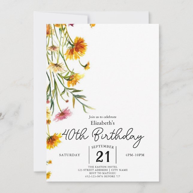 Bearbeitbare Vintage Wildblumen 40. Geburtstag Einladung (Vorderseite)