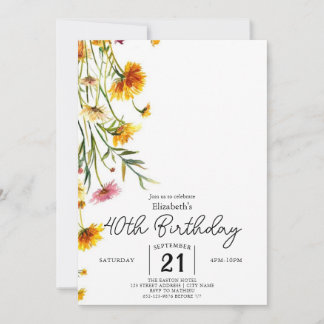Bearbeitbare Vintage Wildblumen 40. Geburtstag Einladung