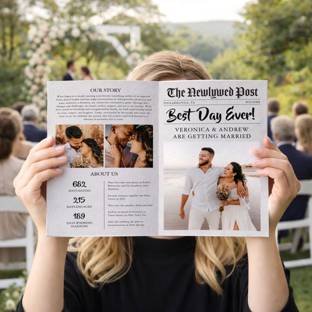 Bearbeitbare Zeitungs-Hochzeitsprogramm-Vorlage ge Flyer (Von Creator hochgeladen)