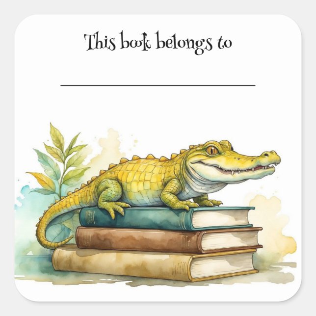 Bearbeitbarer Alligator und Buchzeichen-Sticker Quadratischer Aufkleber (Vorderseite)