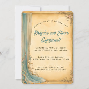 Bearbeitbarer blauer Vorhang und Blumen Einladung