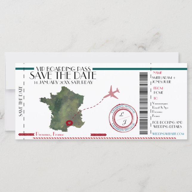 Bearbeitbarer Flugticket Save the Date (Vorderseite)