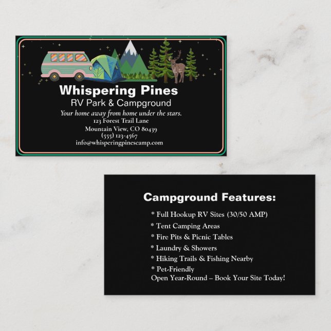 Bearbeitbarer Glamping Resort Naturkontakt Design Visitenkarte (Vorne/Hinten)
