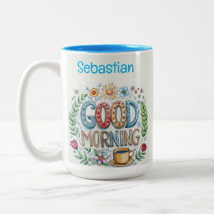 Bearbeitbarer guter Morgenname und Blume Zweifarbige Tasse