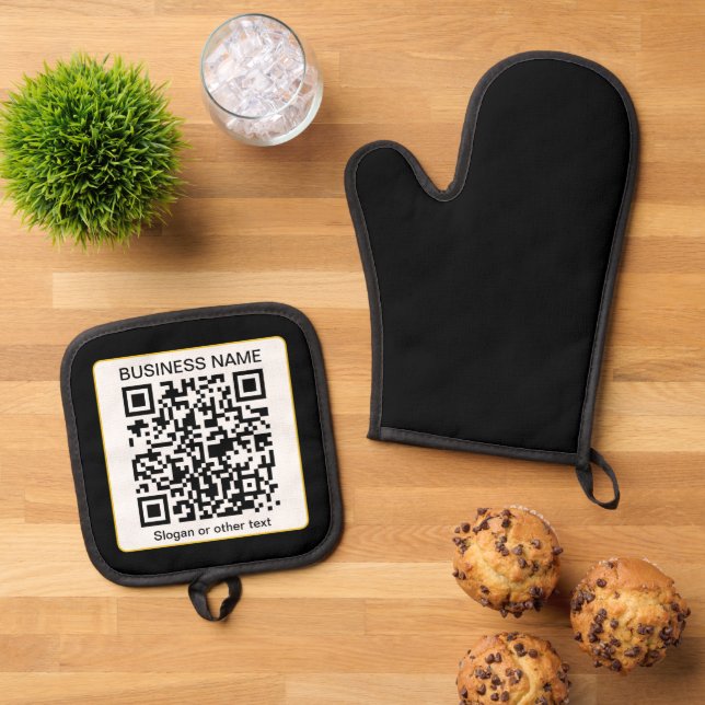 Bearbeitbarer QR-Code für Scanner + Ihr Firmenname Ofenhandschuh & Topflappen-Set (Oben Unten)