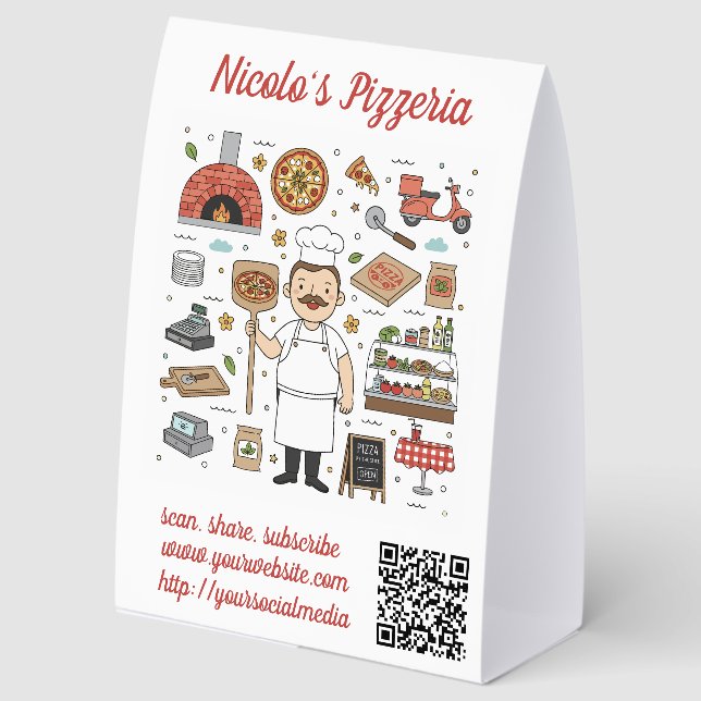 Bearbeitbarer QR-Code Pizza Restaurant Menü Tischaufsteller (Vorderseite)