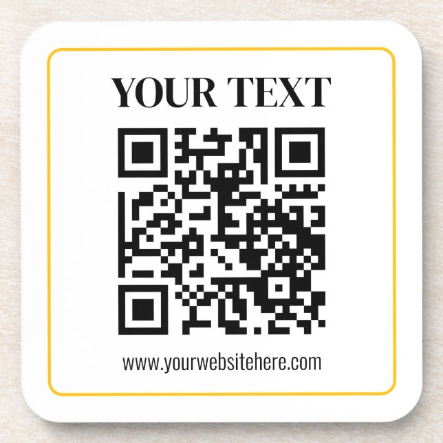 Bearbeitbarer QR-Code & Text mit gelber Goldumrand Getränkeuntersetzer (Vorderseite)
