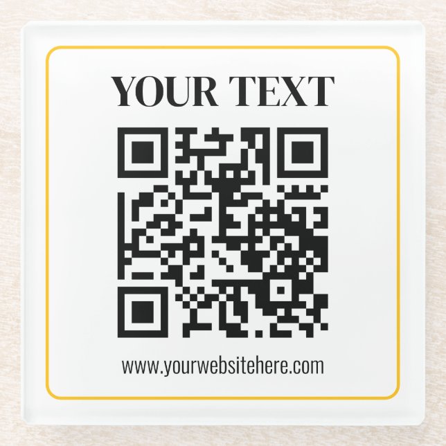 Bearbeitbarer QR-Code & Text mit gelber Goldumrand Glasuntersetzer (Vorderseite)