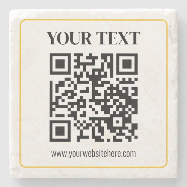Bearbeitbarer QR-Code & Text mit gelber Goldumrand Steinuntersetzer (Vorderseite)