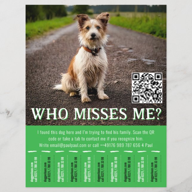 Bearbeitbares Fundhundplakat mit QR-Code und Abrei Flyer (Vorne)