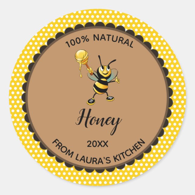 Bearbeitbares Gelbpolka-Dot-Honey-Label Runder Aufkleber (Vorderseite)