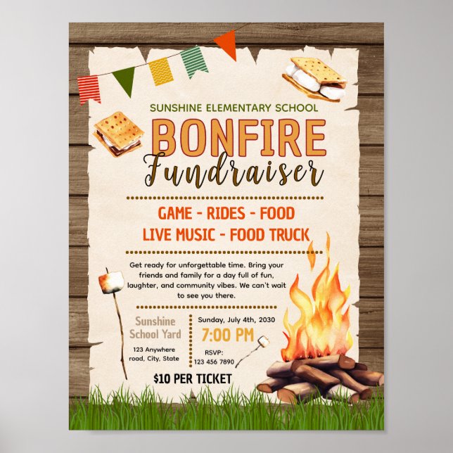 Bearbeitbares Lagerfeuer-BBQ-Flyer-Template Poster (Vorne)