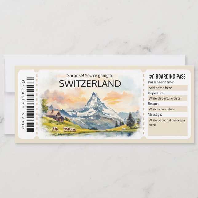 Bearbeitbares Schweizer Flugzeug Ticket, Schweiz Einladung (Vorderseite)