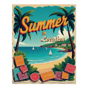 Bearbeitbares Sommerziel mit Reisestempeln Poster