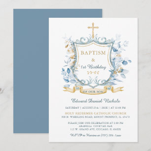 Bearbeitbares Tauf Blau und Gold Monogramm Einladung