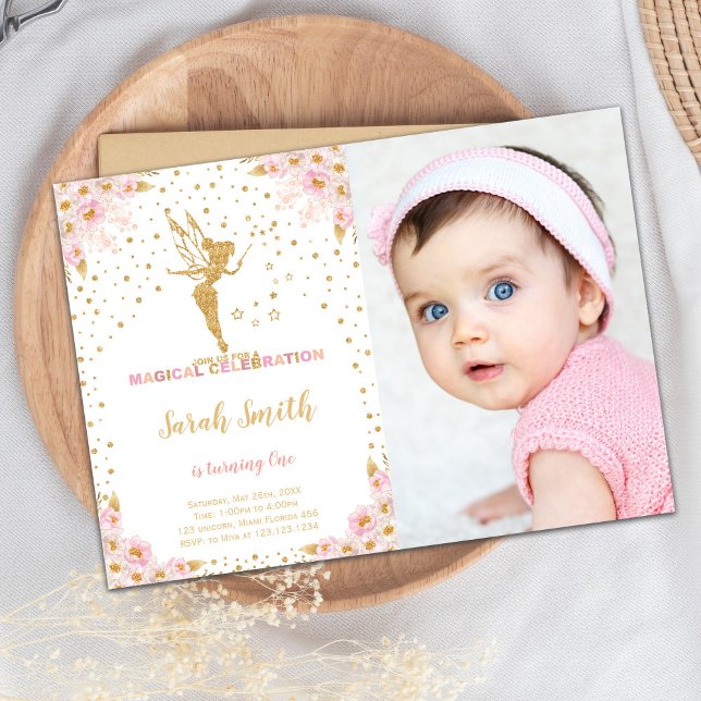 Bearbeiten der Magischen Party-Karte Einladung (Pink Glitter Fairy Birthday Invitations with photo)