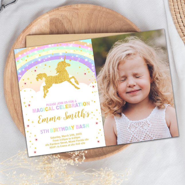 Bearbeiten der Magischen Party-Karte Einladung (Gold Glitter Rainbow Unicorn Invitations Photo)